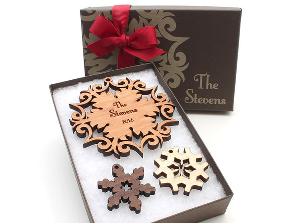 Wrought Iron Design Family Name Personalized Wood Snowflake Christmas Ornament - Nestled Pines - 3