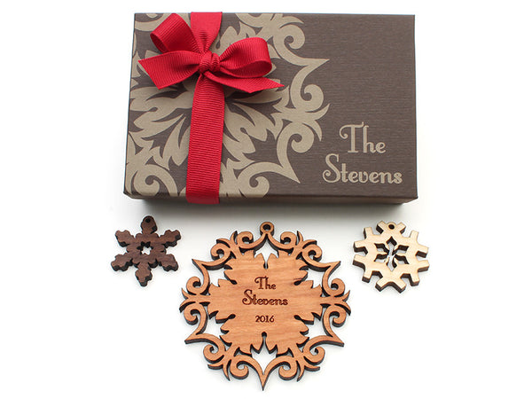 Wrought Iron Design Family Name Personalized Wood Snowflake Christmas Ornament - Nestled Pines - 2